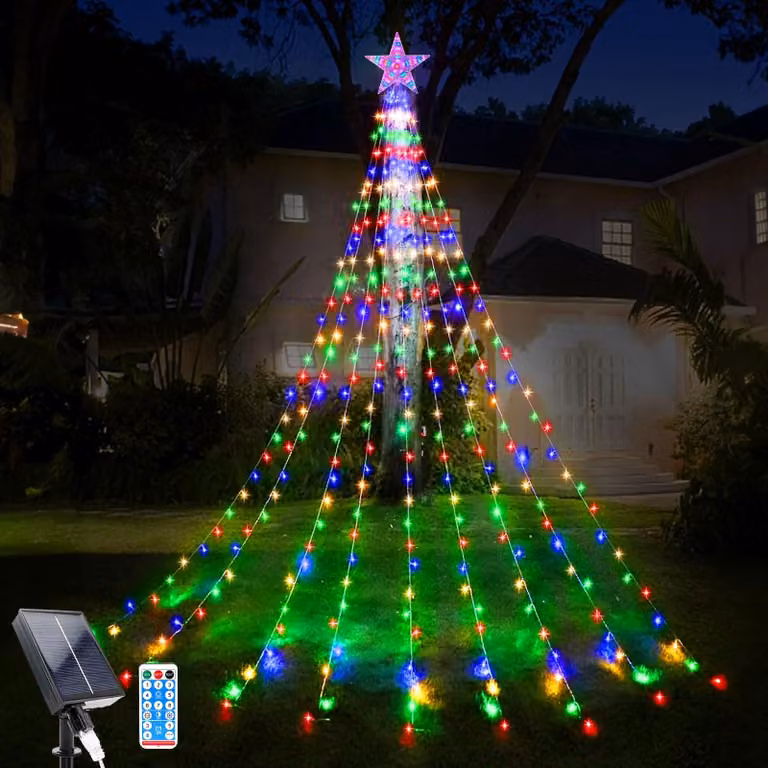 Catena luminosa a energia solare con 198 LED, lunghezza 9x2 metri, forma a stella, con telecomando
