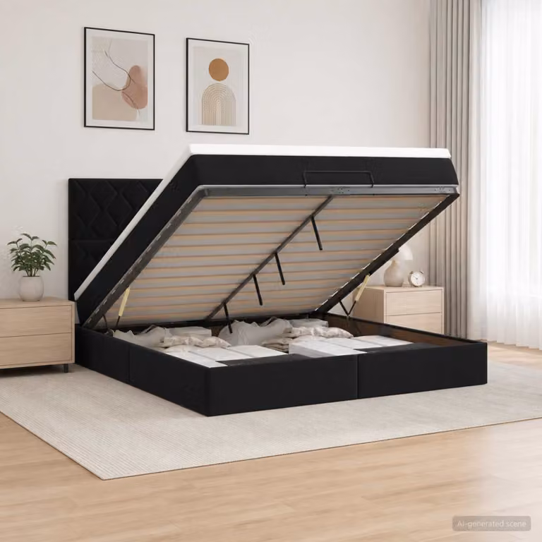 Letto Ottomano vidaXL con Materasso Ibrido e Illuminazione LED in Velluto Nero L: 180 cm, P: 200 cm, H: 88 cm