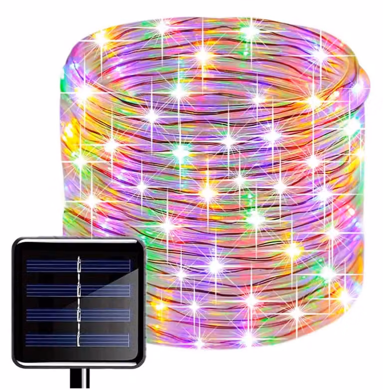 Catena luminosa solare, 12 metri, 100 LED, multicolore, impermeabile, filo di rame