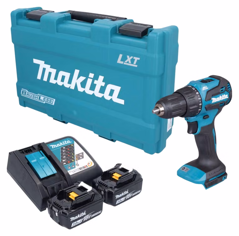 Trapano avvitatore a percussione a batteria Makita DHP 490 RFK 18 V 65 Nm brushless + 2 batterie da 3,0 Ah + caricabatterie + valigetta