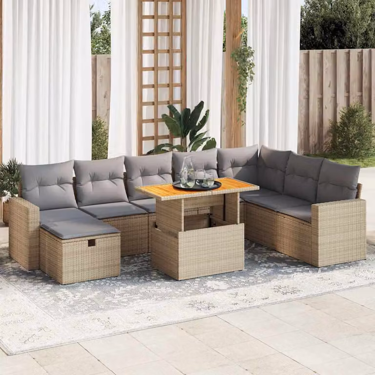 Set Divano da Giardino vidaXL 9 pz in Polyrattan con Cuscini Beige e Tavolino da Esterno