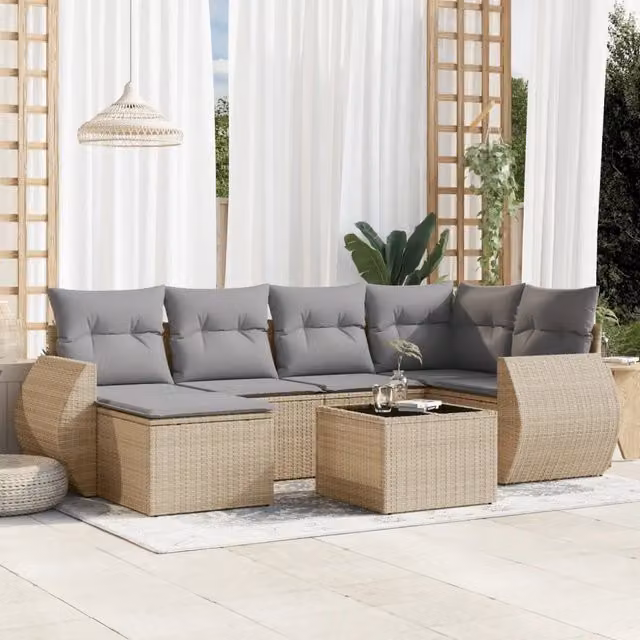 Set Divani da Giardino 7 pz con Cuscini Beige in Polyrattan 3221668