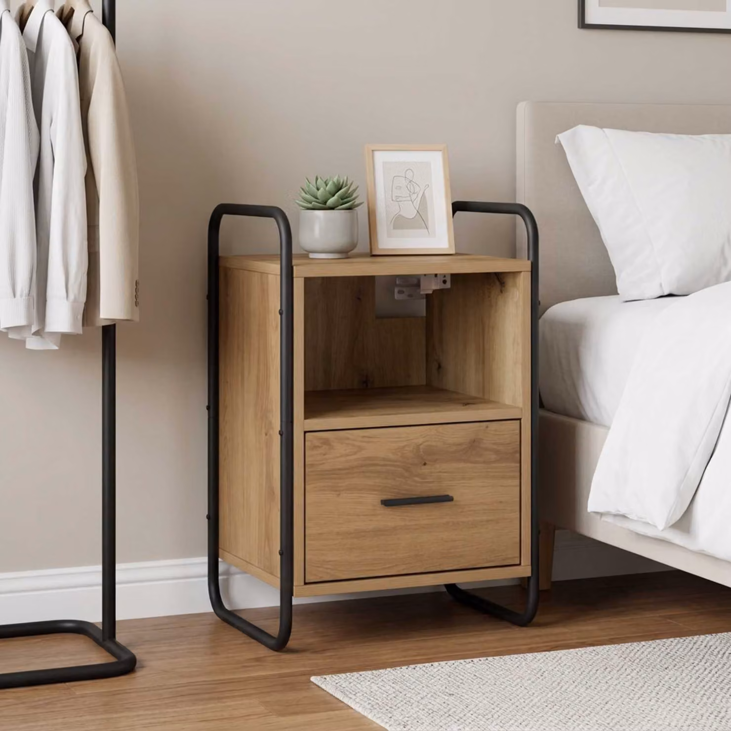 vidaXL Mobiletto da Letto Appeso Moderno in Legno e Metallo, Colore Marrone e Nero, L 40 cm x P 30 cm x H 60 cm