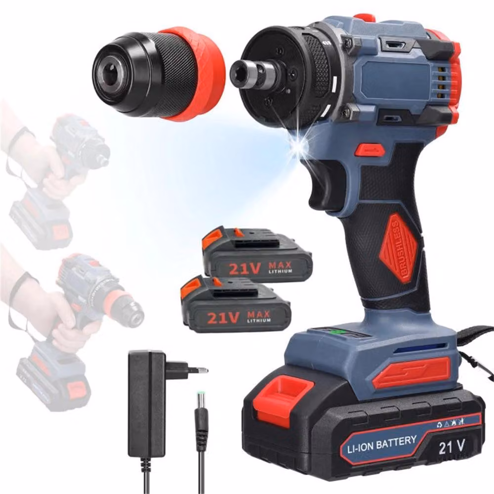 Trapano avvitatore a batteria da 55 Nm - Trapano a percussione senza fili - Motore brushless - 2 batterie - Utensile portatile - Ideale per lavori in legno e fai-da-te - Spina di tipo europeo