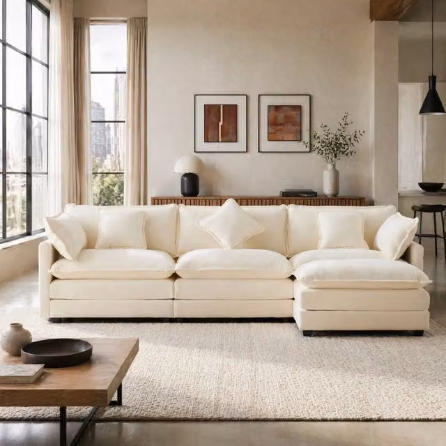 Divano angolare a L 3 posti con pouf mobile 283x147x84 cm in ciniglia beige