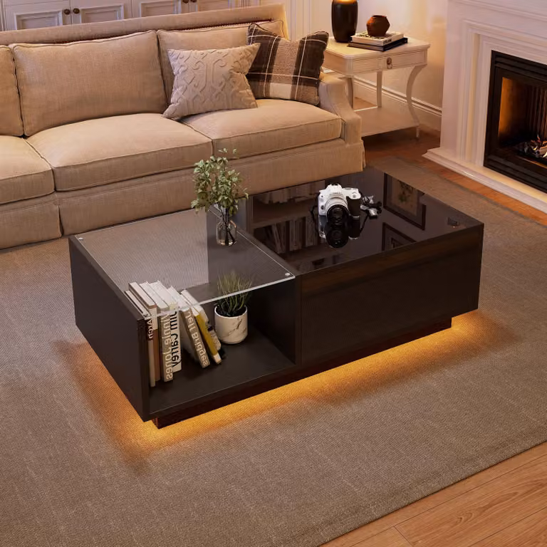 okwish Tavolino da caffè a LED con finitura lucida, tavolino con portaoggetti e ripiano nascosto, tavolino regolabile in altezza, nero