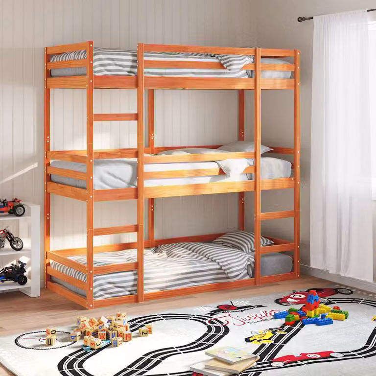Letto Castello Triplo vidaXL in Legno Massello di Pino, Colore Marrone Cera, L/P/H: 190 x 90 x 203 cm