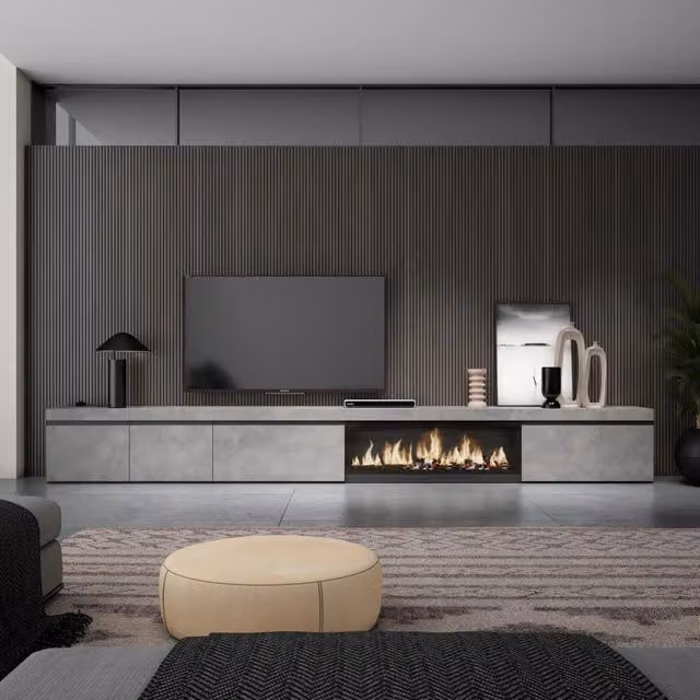 Mobile TV Soggiorno, 368x35x45, Camino elettrico XXL, grigio cemento RF3682