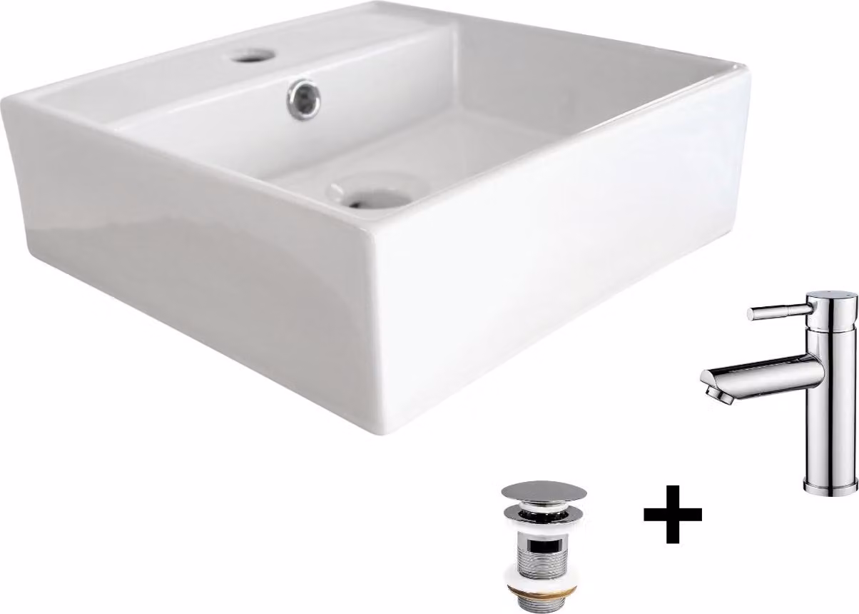 Lavabo da appoggio quadrato NINO 38x38cm + rubinetto + piletta
