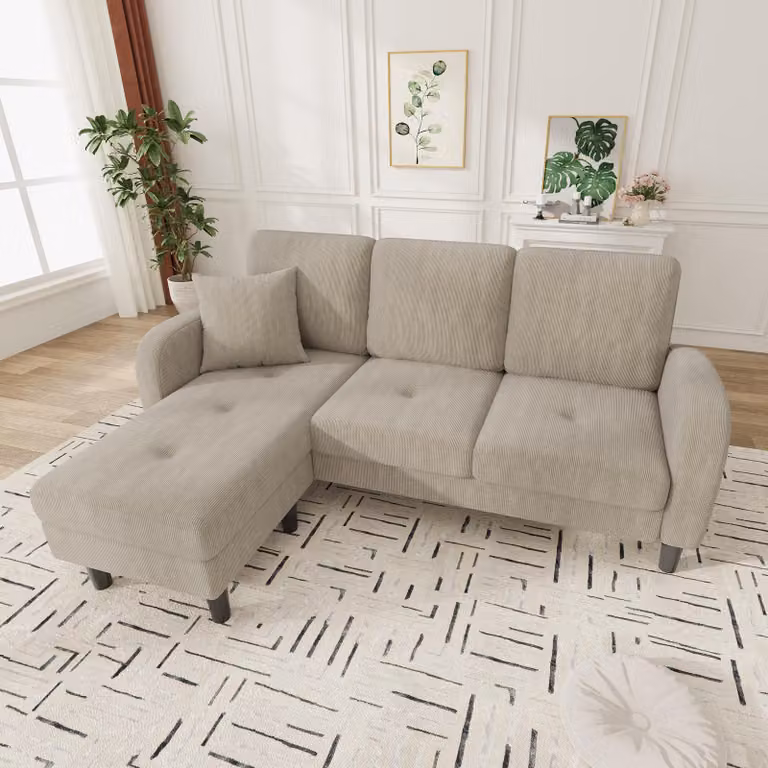 Divano ad L Merax con chaise longue, divano a 3 posti in velluto e corduroy con struttura in legno massello, divano modulare da salotto con gambe in plastica, grigio