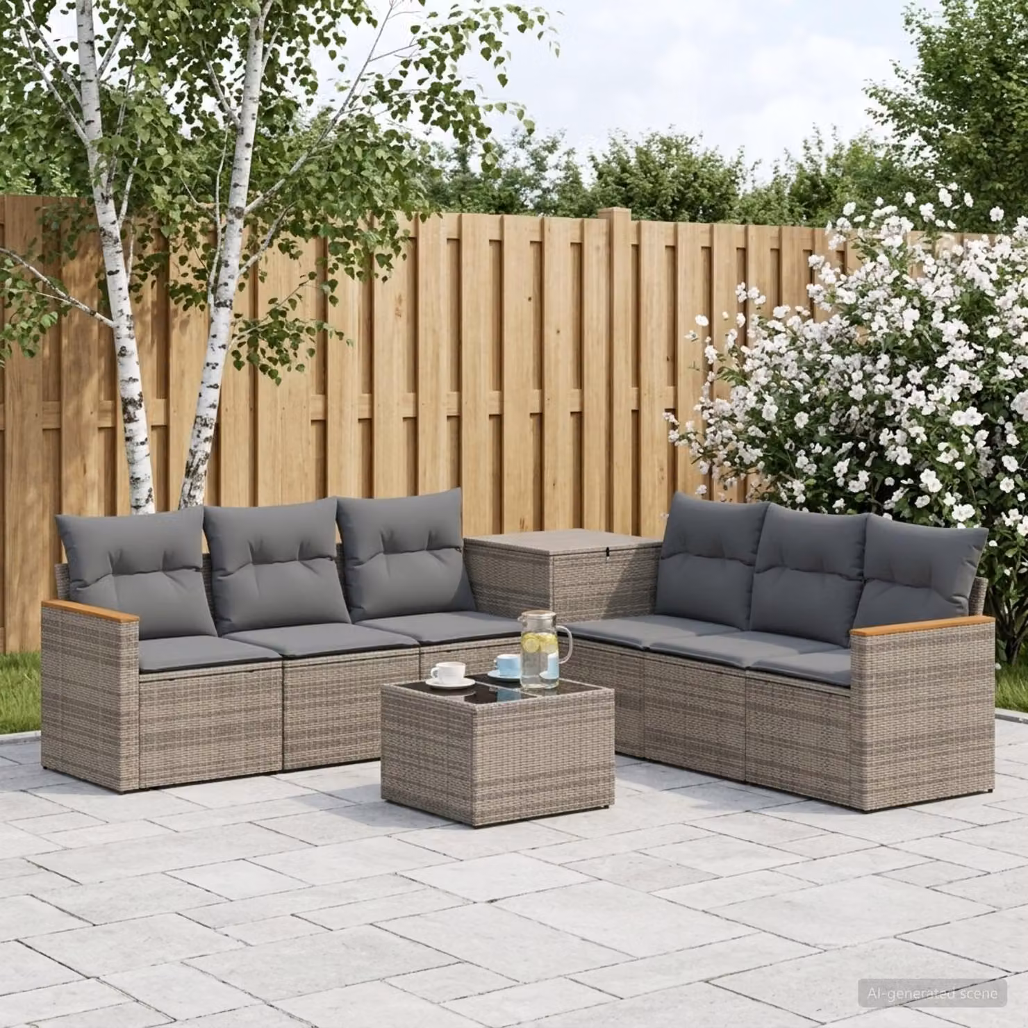 Set di divani da giardino a forma di U vidaXL in polyrattan con tavolino da caffè e cuscini, Grigio e Antracite