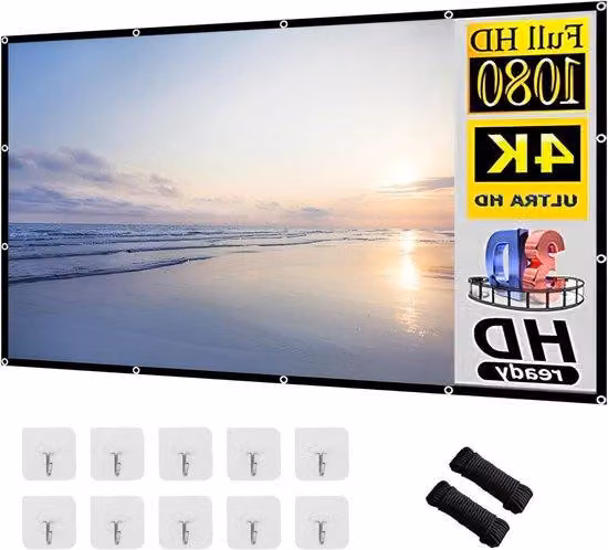 Schermo di proiezione grande da 100 pollici, ideale per campeggio e home cinema, formato 16:9 HD, pieghevole, dimensioni 221 x 125 cm