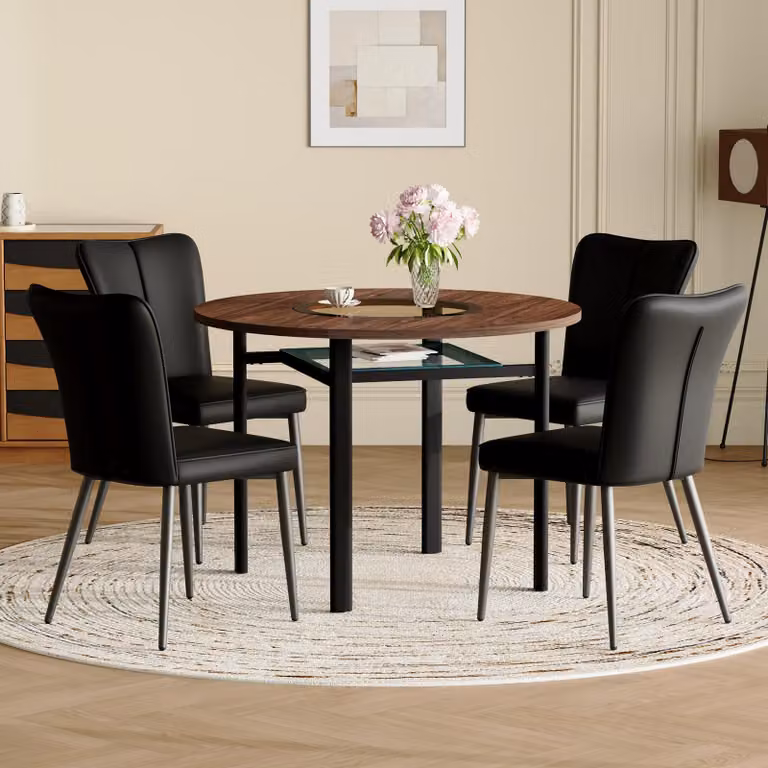 STILVORA Tavolo da pranzo rotondo da 100 cm con 4 sedie nere – Inserto in vetro e ripiano in vetro, tavolo da cucina e da pranzo moderno con effetto legno