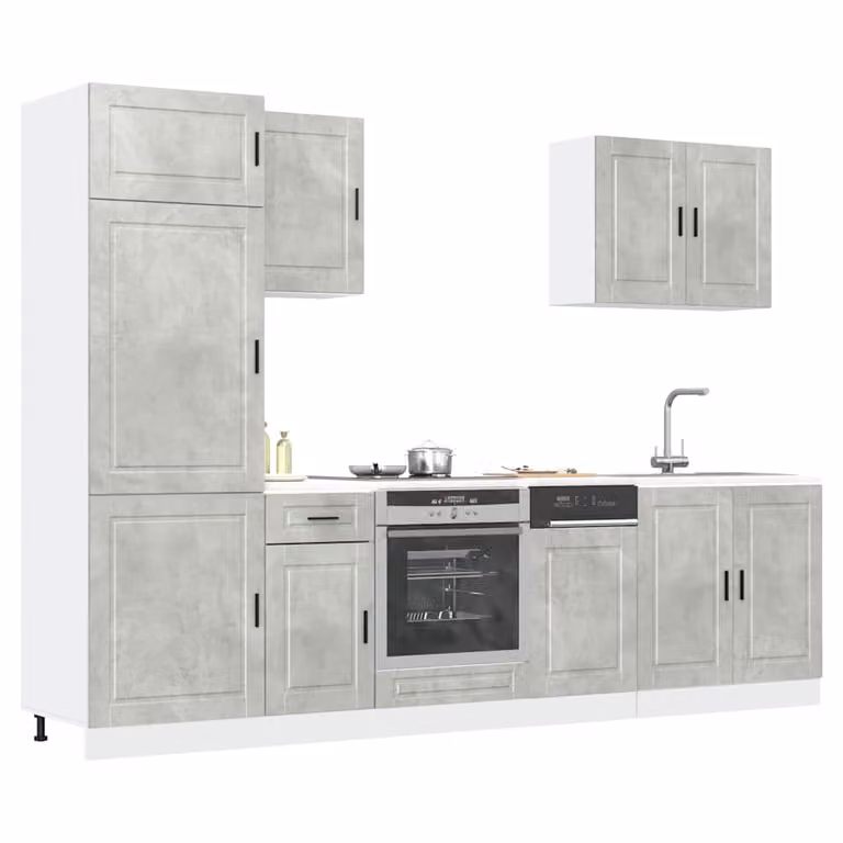 Set di mobili da cucina moderno vidaXL composto da 7 pezzi in colore grigio cemento con ante a cerniera e cassetti, L/P/H: 207 x 60 x 57 cm