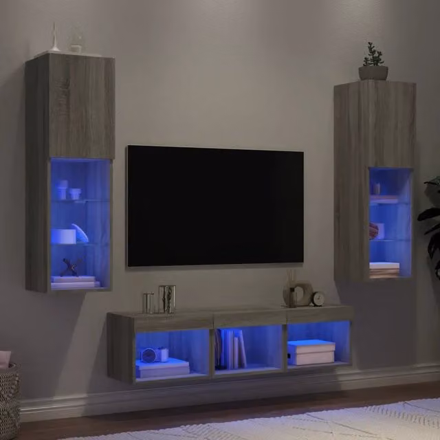 Mobili TV a Muro con LED 5 pz-Credenza per TV sospesa Grigio Sonoma in Legno Multistrato 922350