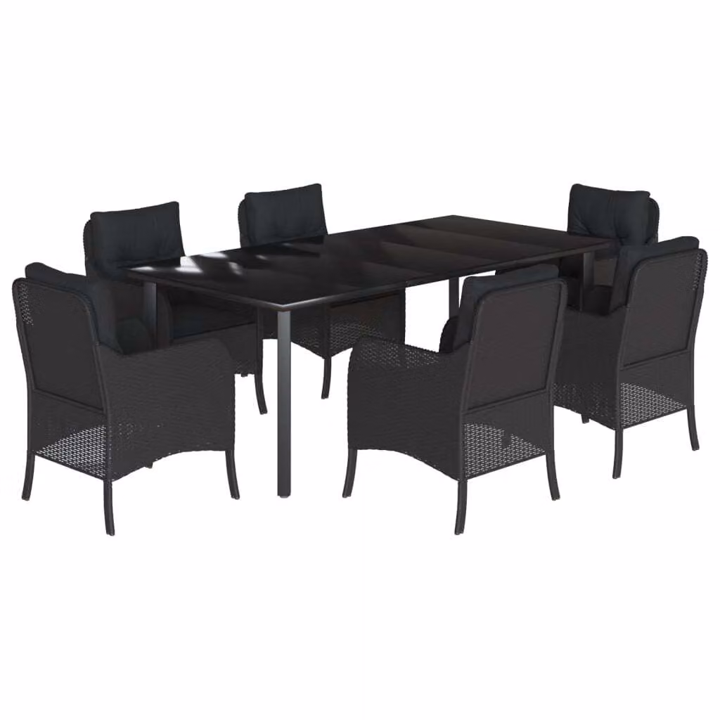 Set da Pranzo da Giardino 7 pz Nero con Cuscini in Polyrattan