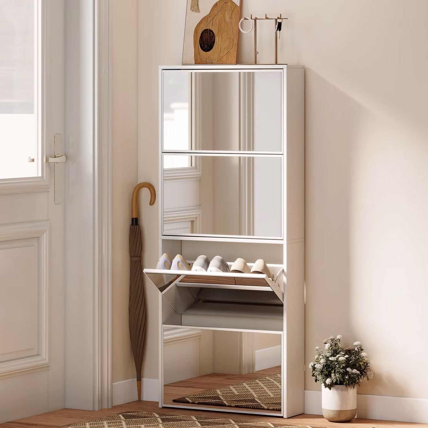Scarpiera HOMCOM con specchio e 4 ante in legno, colore bianco, L: 63 cm, P: 17 cm, H: 146 cm – 2