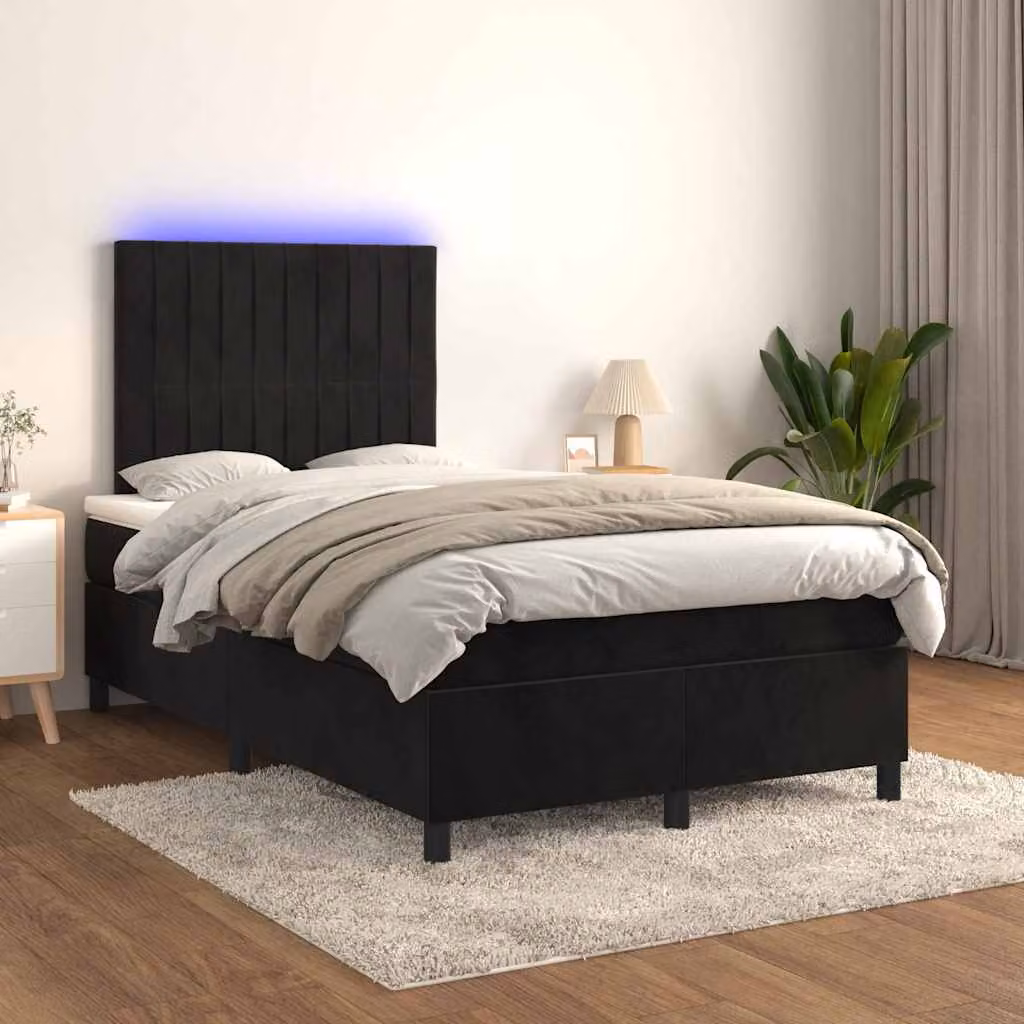 vidaXL Letto Ibrido con Materasso e Illuminazione LED in Velluto Nero L: 120 cm, P: 200 cm – 1