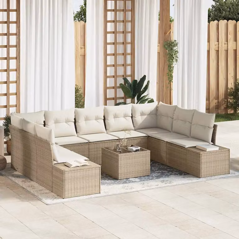 Set Divano da Giardino vidaXL 10 Pezzi a Forma di U Beige con Cuscini e Tavolino in Polyrattan e Metallo