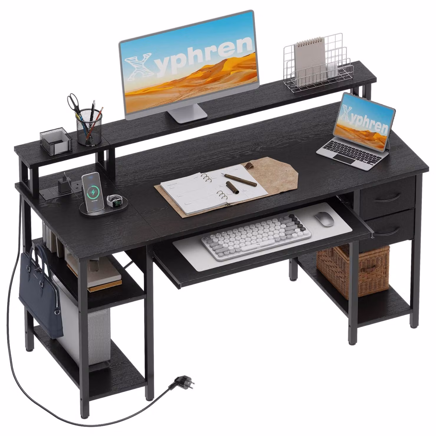 Scrivania per computer con 2 cassetti, scrivania da gaming con pannello frontale, 140 x 50 cm, nera