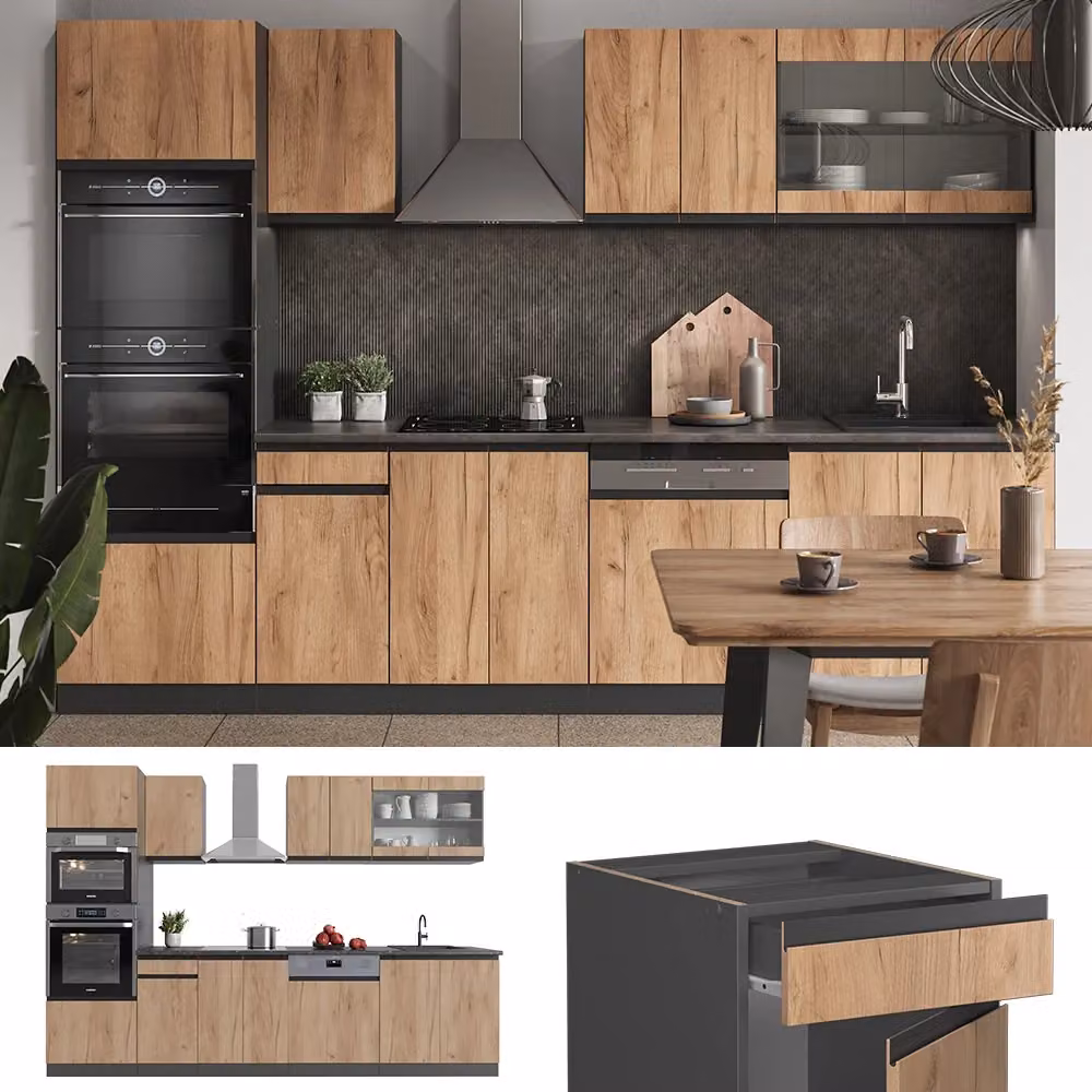 Cucina componibile moderna Vicco R-Line in Rovere dorato e Antracite, forma a J con mobile alto e ante in vetro, L: 300 cm, H: 206.8 cm, P: 60 cm – 2