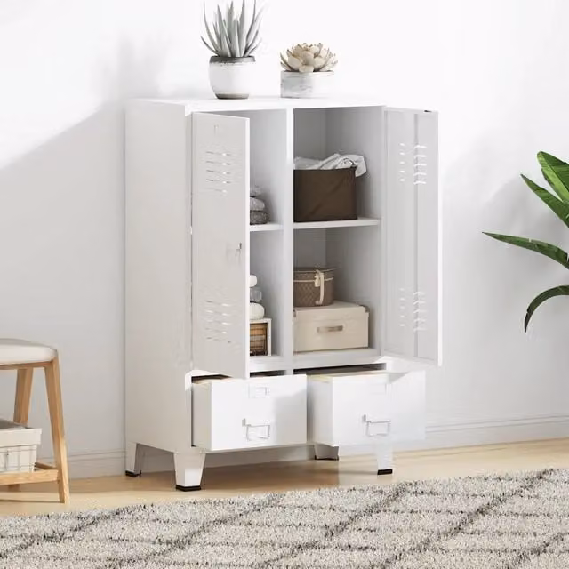 Armadio Industriale vidaXL in Metallo Bianco con Ante a Battente e Ripiani Interni L: 67 cm, P: 35 cm, H: 107 cm