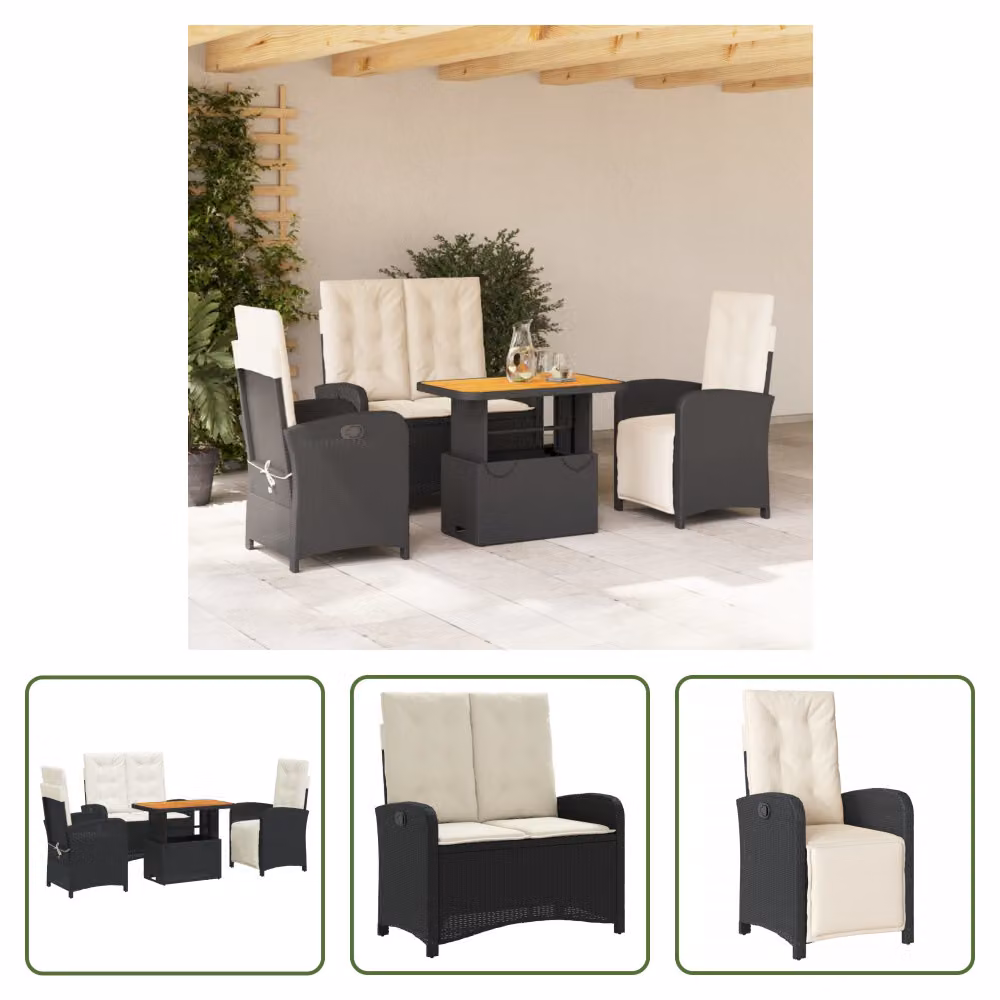 The Living Store Set da pranzo da giardino 4 pezzi con cuscini in poly rattan nero