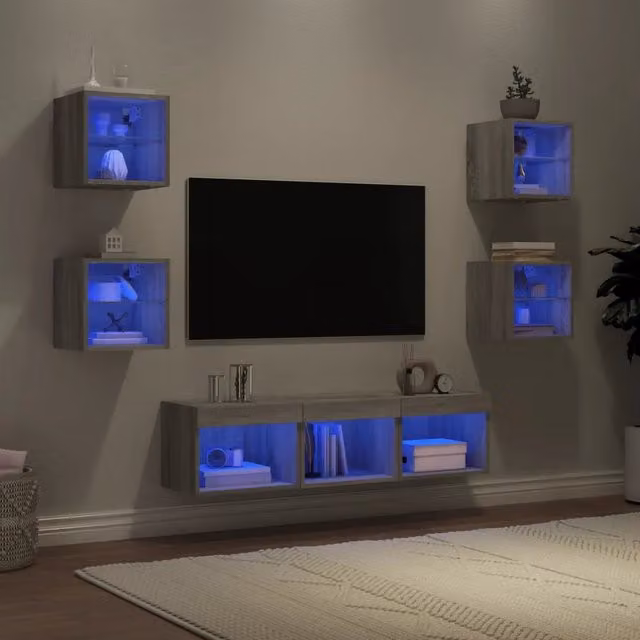 Mobile TV da parete vidaXL in legno multistrato grigio con 7 pezzi e illuminazione LED per soggiorno o ufficio in casa – 1