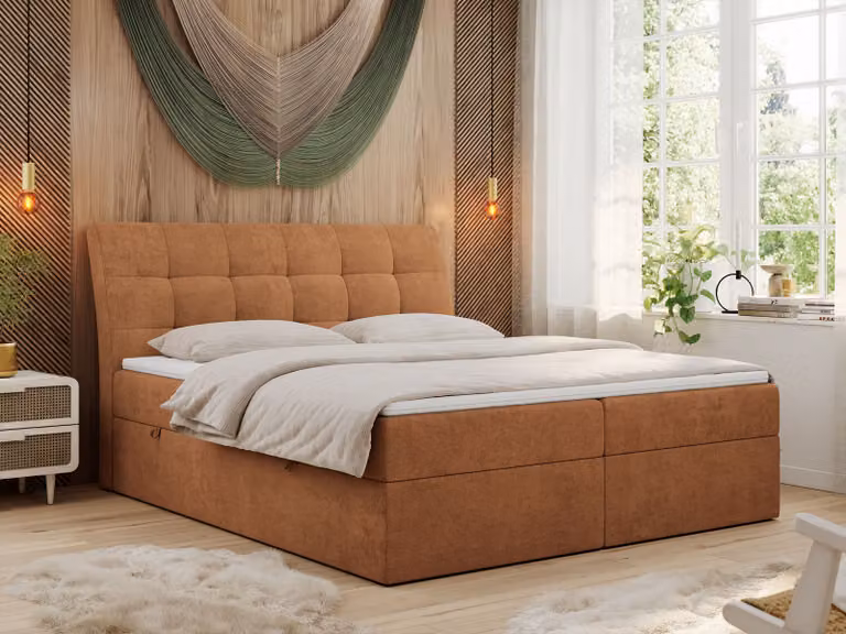 Letto boxspring 180x200 con materasso, letto con materasso Multipocket - H3 e topper, letto imbottito 180x200 con contenitore e testiera, DIEGOS - 180x200 - Arancione - Struttura - H3