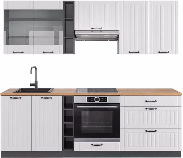 Cucina componibile Fame-Line Vicco in stile country house, Bianco rustico e Antracite, L: 235 cm – 1