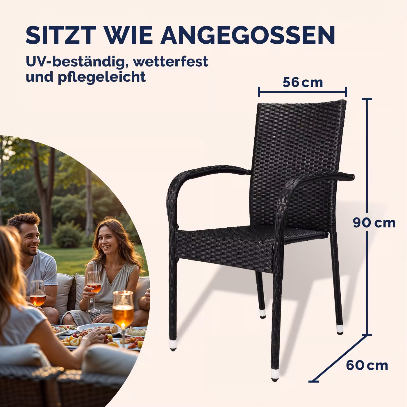 Set di 4 sedie impilabili Comfort Casaria in polyrattan e metallo nero per giardino e balcone – 4