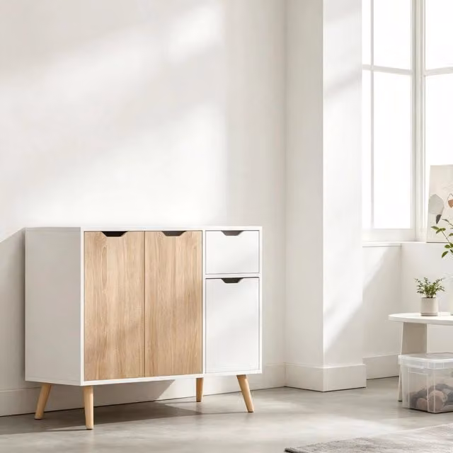 Sideboard 90x30x72 cm con 2 vani con ante e cassetto in truciolare e legno bianco e rovere chiaro