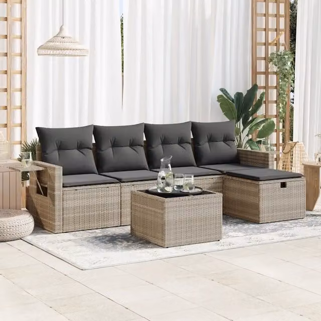 Set Divano da Giardino 6pz con Cuscini Grigio Chiaro Polyrattan 3325478