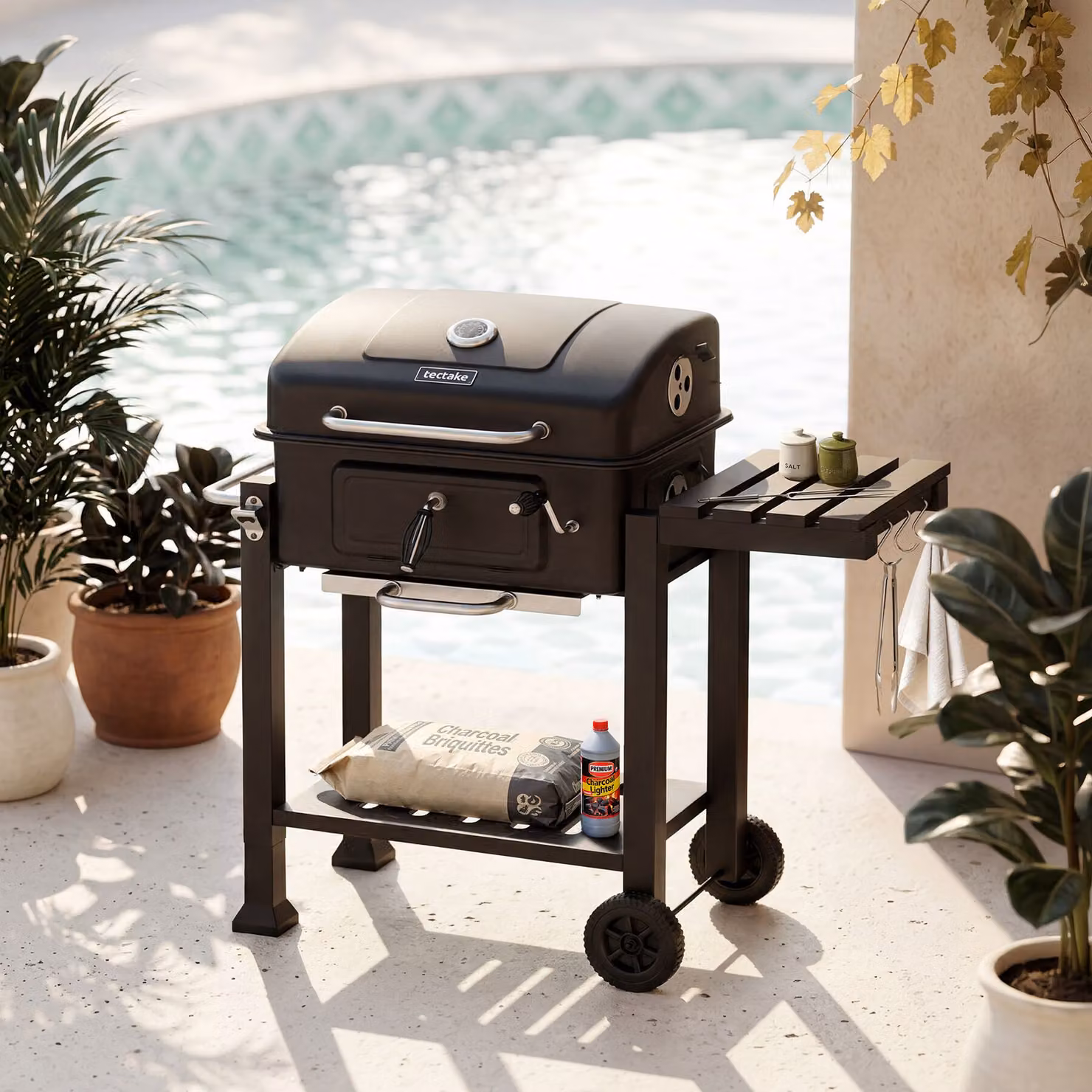 Barbecue a carbonella tectake nero con termometro, griglia riscaldante e ruote in acciaio – 2
