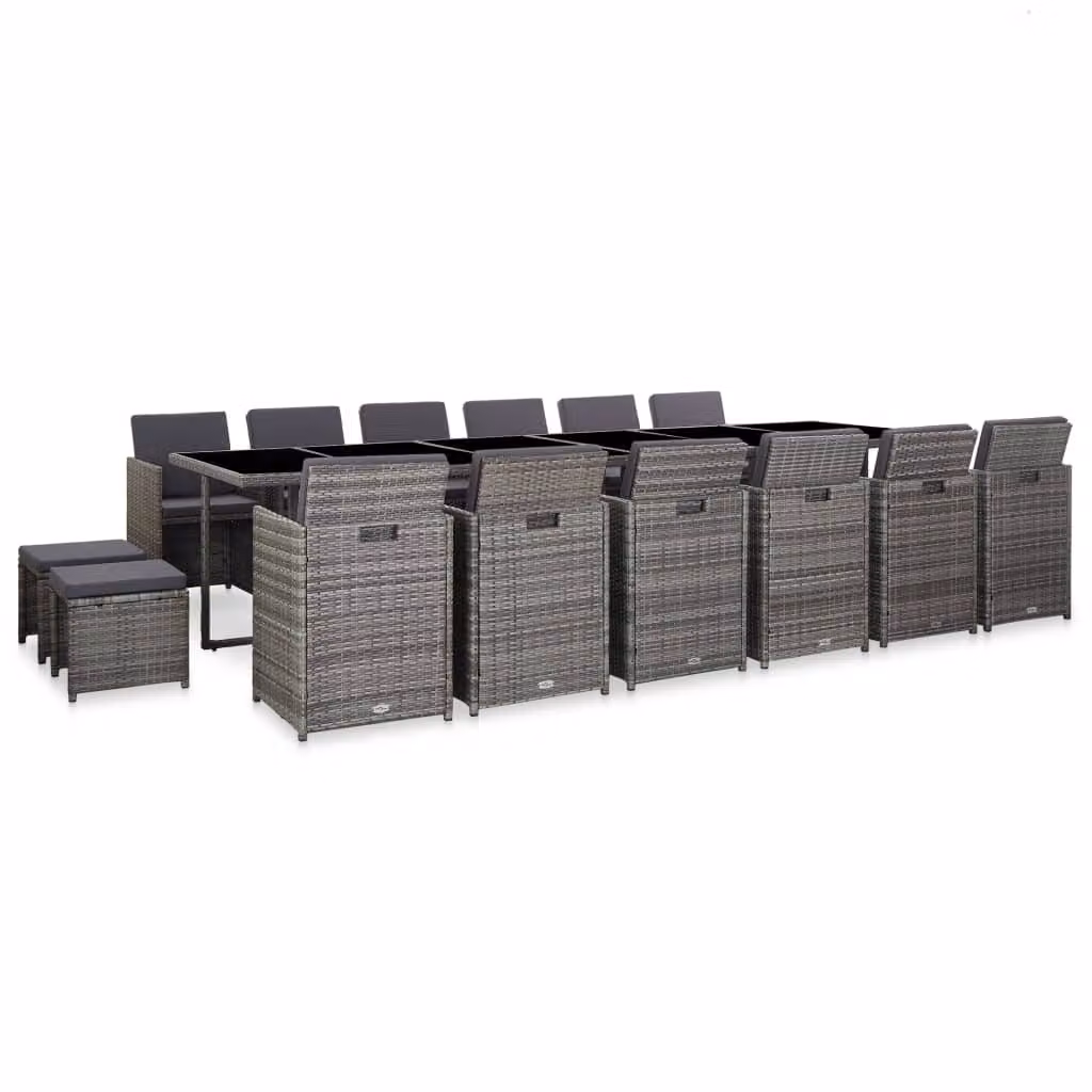 The Living Store Set da pranzo da giardino da 17 pezzi con cuscini in poly rattan grigio