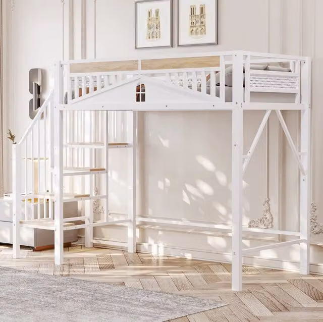 Letto a soppalco ULEVR 90x200 cm in metallo bianco con scala di sicurezza, vani contenitore e barriera con finestra
