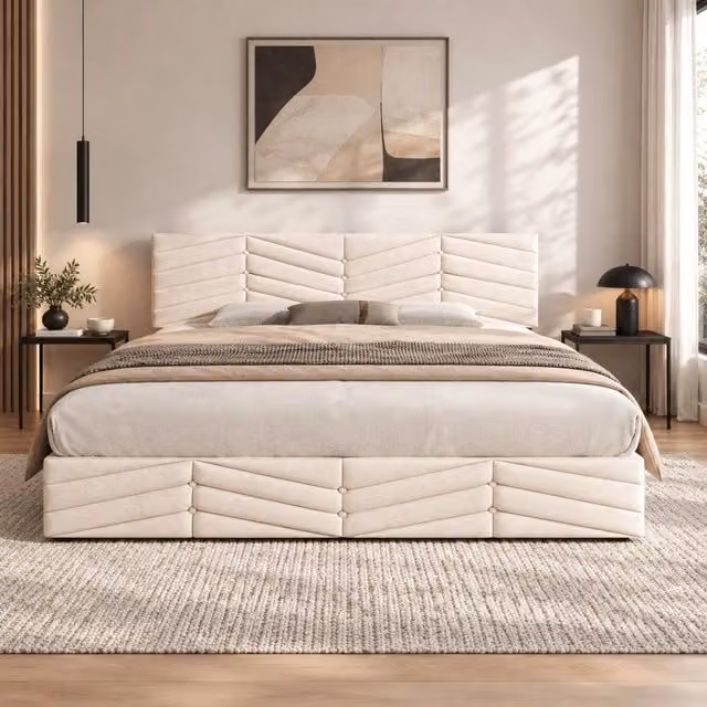 Letto matrimoniale 180x200 cm con contenitore in velluto; beige; testiera regolabile