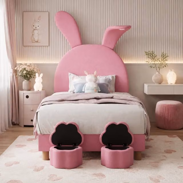 Letto singolo imbottito 90 × 200 cm con rete a doghe panche contenitore velluto francese rosa illuminazione LED