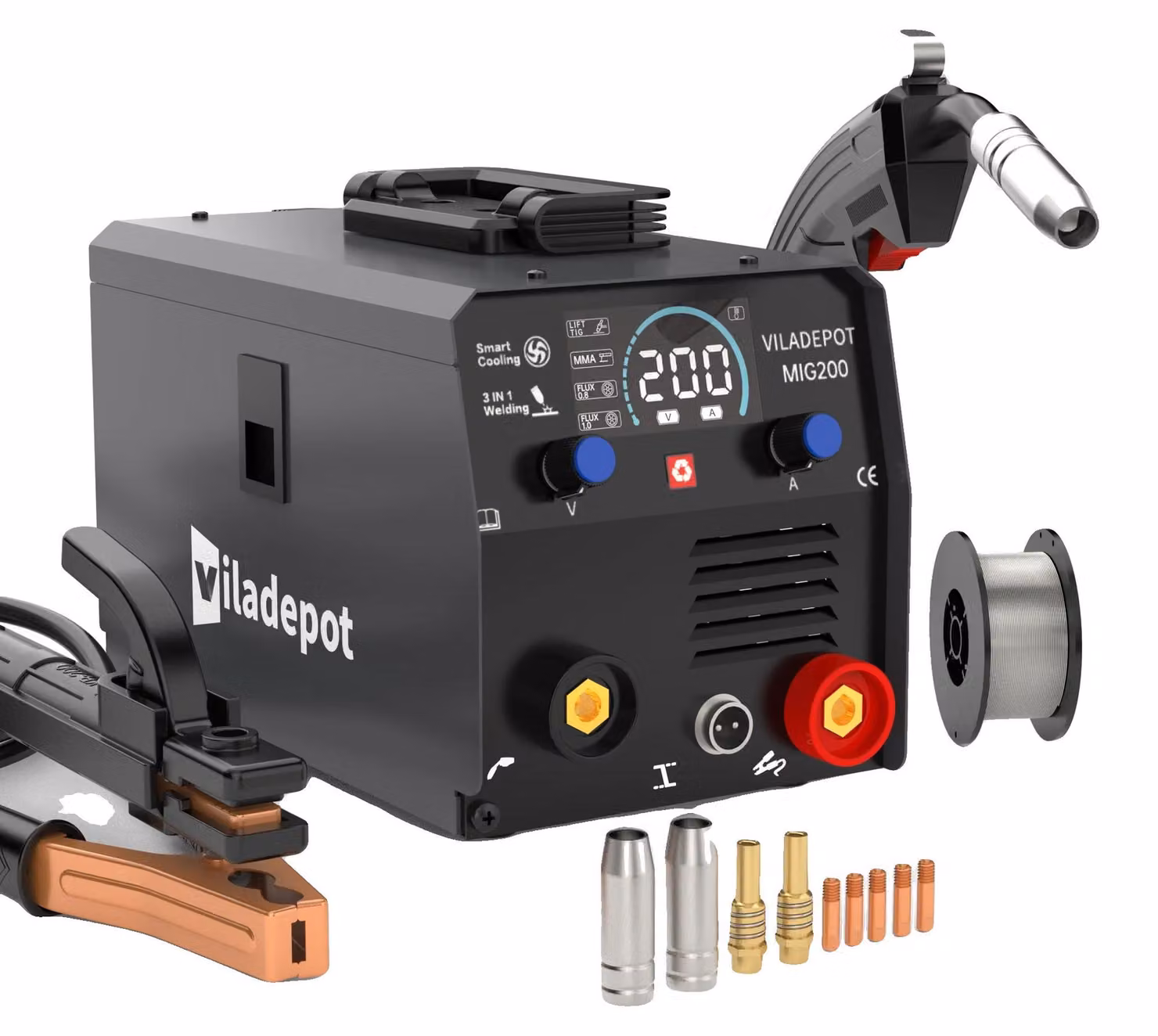 Saldatrice MIG, 200A, 220V, dimensioni: 345 x 315 x 240 mm, peso: 6,6 kg, funzioni: senza gas, MIG/MMA/TIG (avviamento a sollevamento)