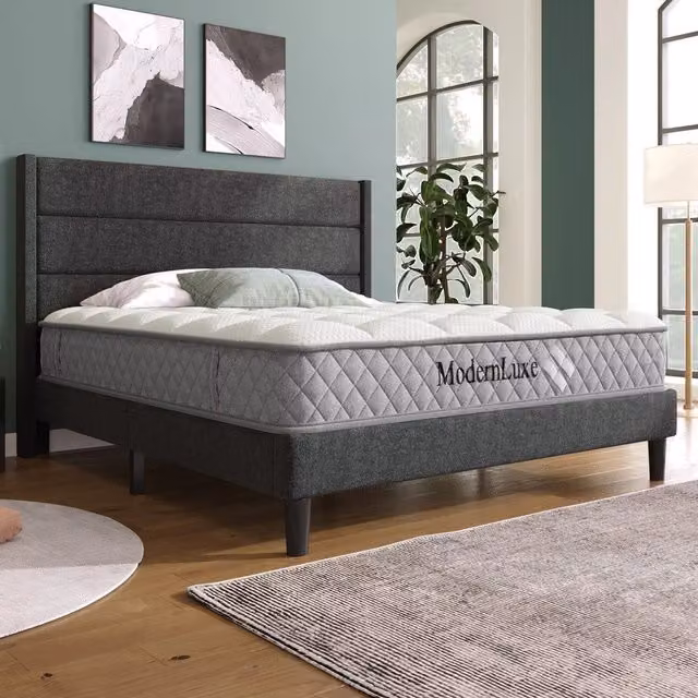 Letto imbottito matrimoniale ¨C Minimal ¨C tessuto grigio scuro 140x200 cm con rete a doghe testiera materasso