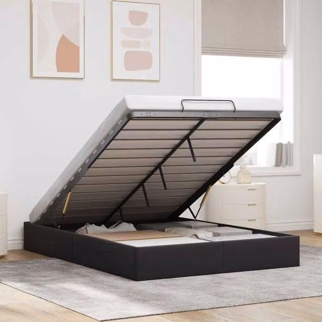 Letto ottomano moderno vidaXL in velluto nero con base a sollevamento L: 152 cm, P: 203 cm, H: 140 cm