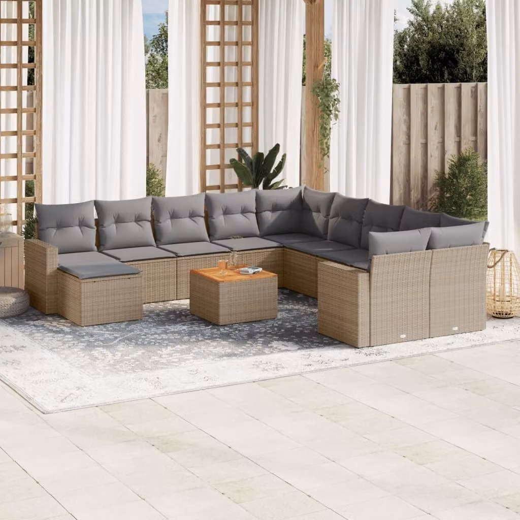 Set di divani da giardino vidaXL in polyrattan beige con cuscini, componibile a forma di U per esterno e terrazza