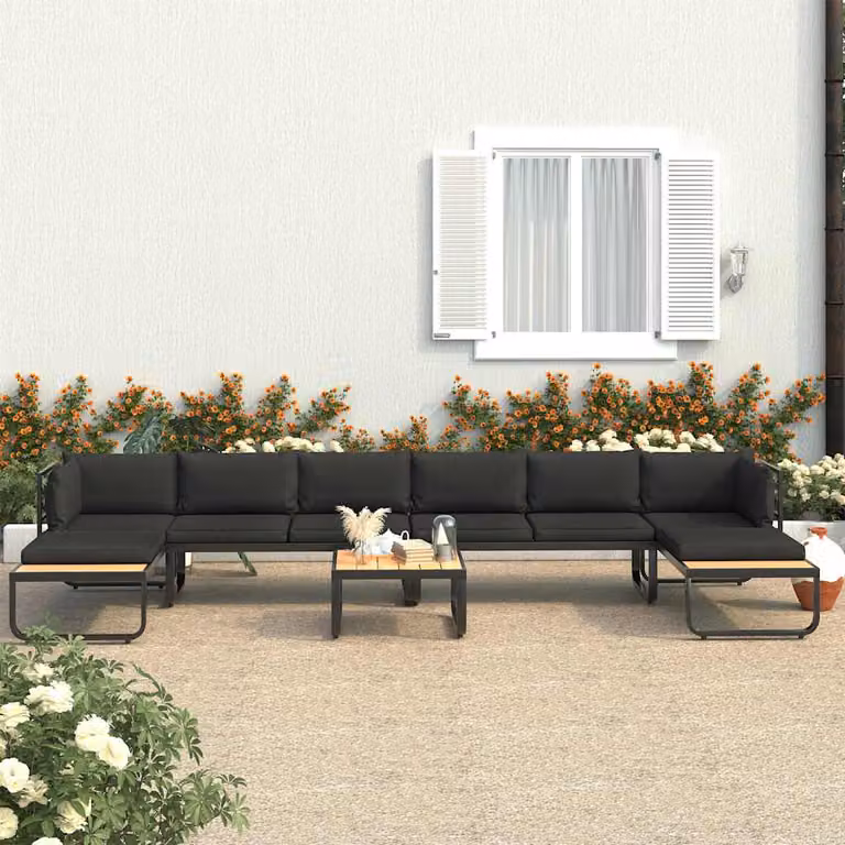 Set Divano da Giardino ad Angolo vidaXL 5 pz con Cuscini, Struttura in Alluminio Verniciato e WPC, Colore Grigio, Marrone o Nero