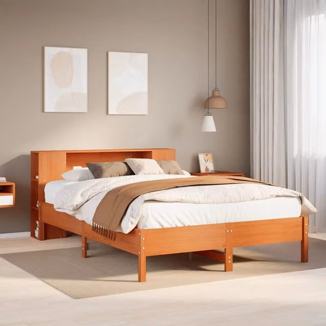 Letto Libreria senza Materasso-Struttura Letto con contenitore Marrone Cera 135x190 cm in Pino 312321