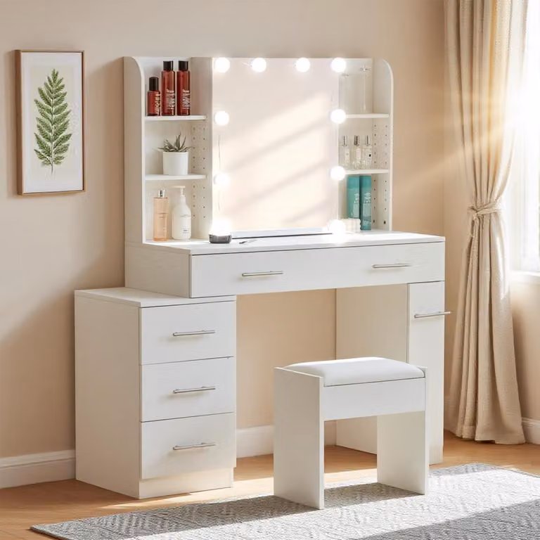 Comò da trucco illuminato con poggiapiedi, dimensioni 100x40x136 cm, colore bianco, dotato di specchio scorrevole e 6 cassetti