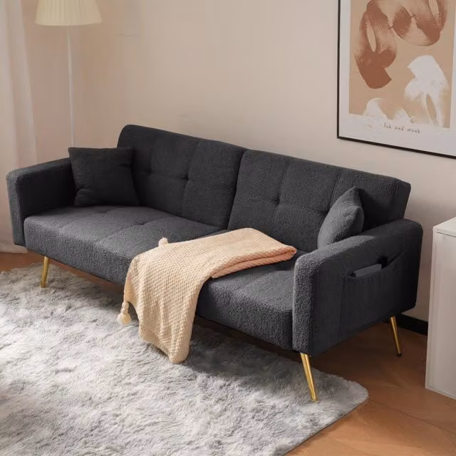Divano Letto con Contenitore Laterale e Cuscini ¨C MINIMAL ¨C Gambe Dorate, Angolo Regolabile