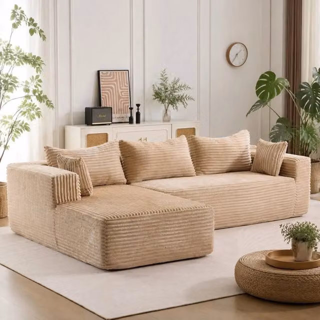 Divano angolare modulare MIVRAY in velluto a coste beige con seduta profonda e cuscini inclusi per soggiorno e camera da letto
