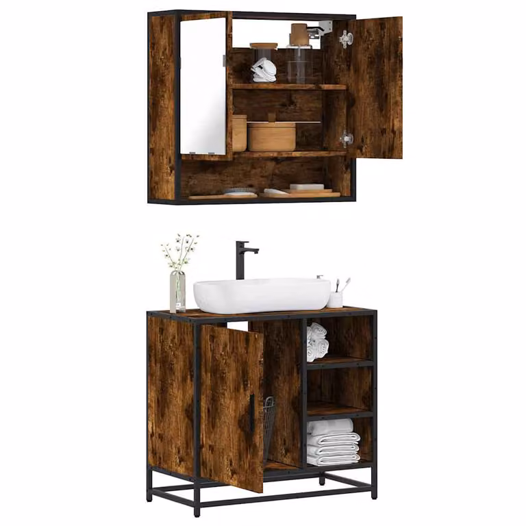 Set Mobili da Bagno Industrial vidaXL 2 Pezzi in Legno e Metallo Marrone con Mobile Lavabo e Armadietto con Specchio