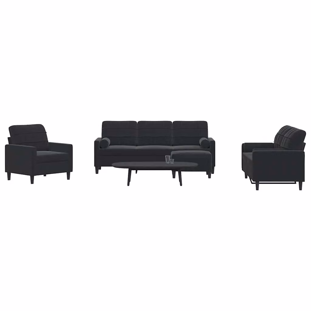 Set di divani moderno vidaXL in velluto nero composto da 4 pezzi con pouf e cuscini decorativi – 1