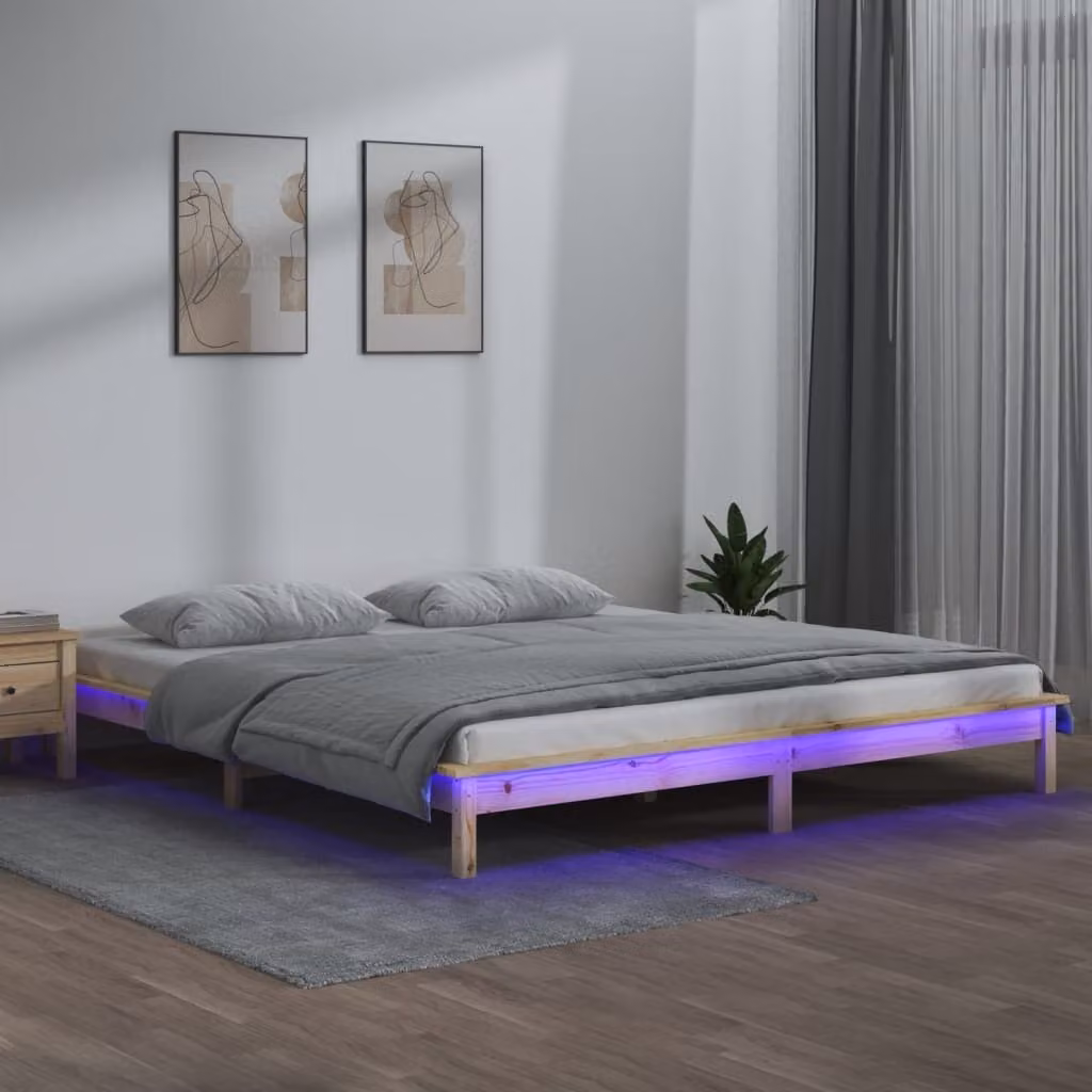 The Living Store Letto in legno massiccio con LED 140x190 cm